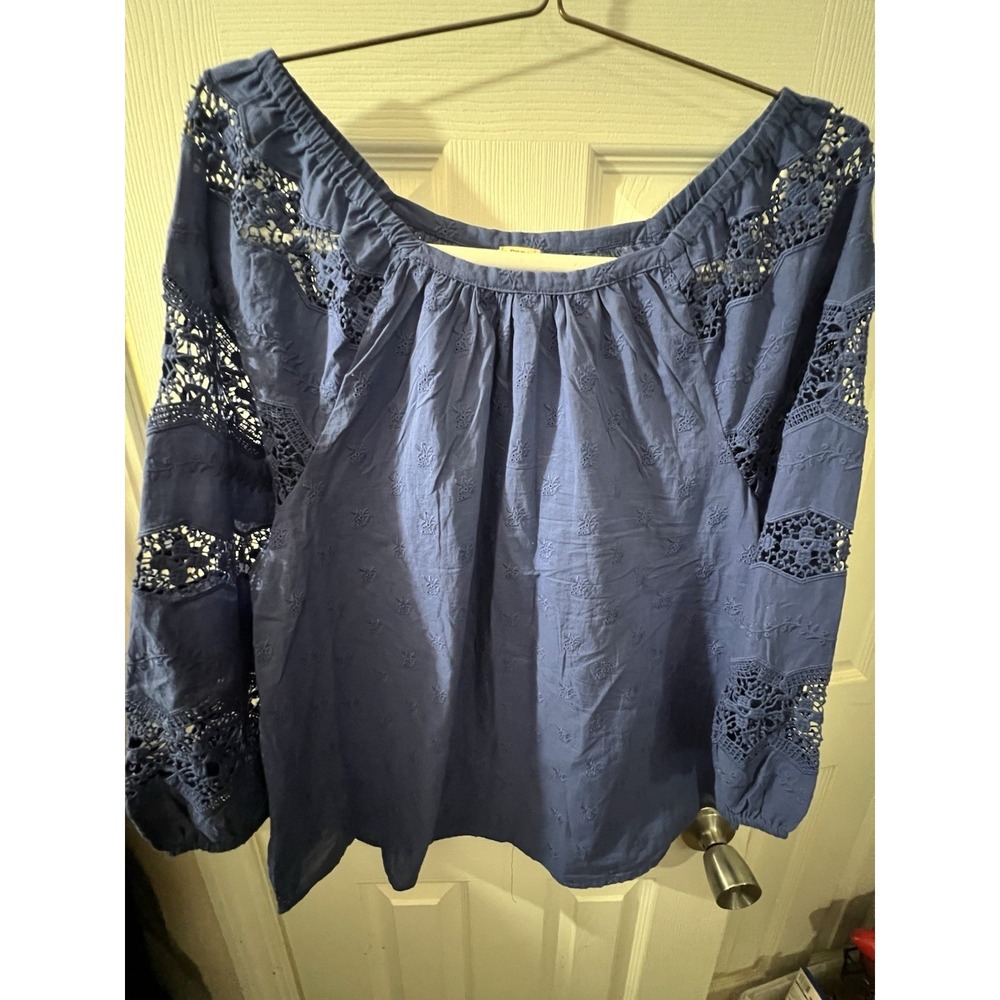 Reba Women's Large Blue Eyelet Crochet Lace Peasant Top 100% Cotton Boho Blouse